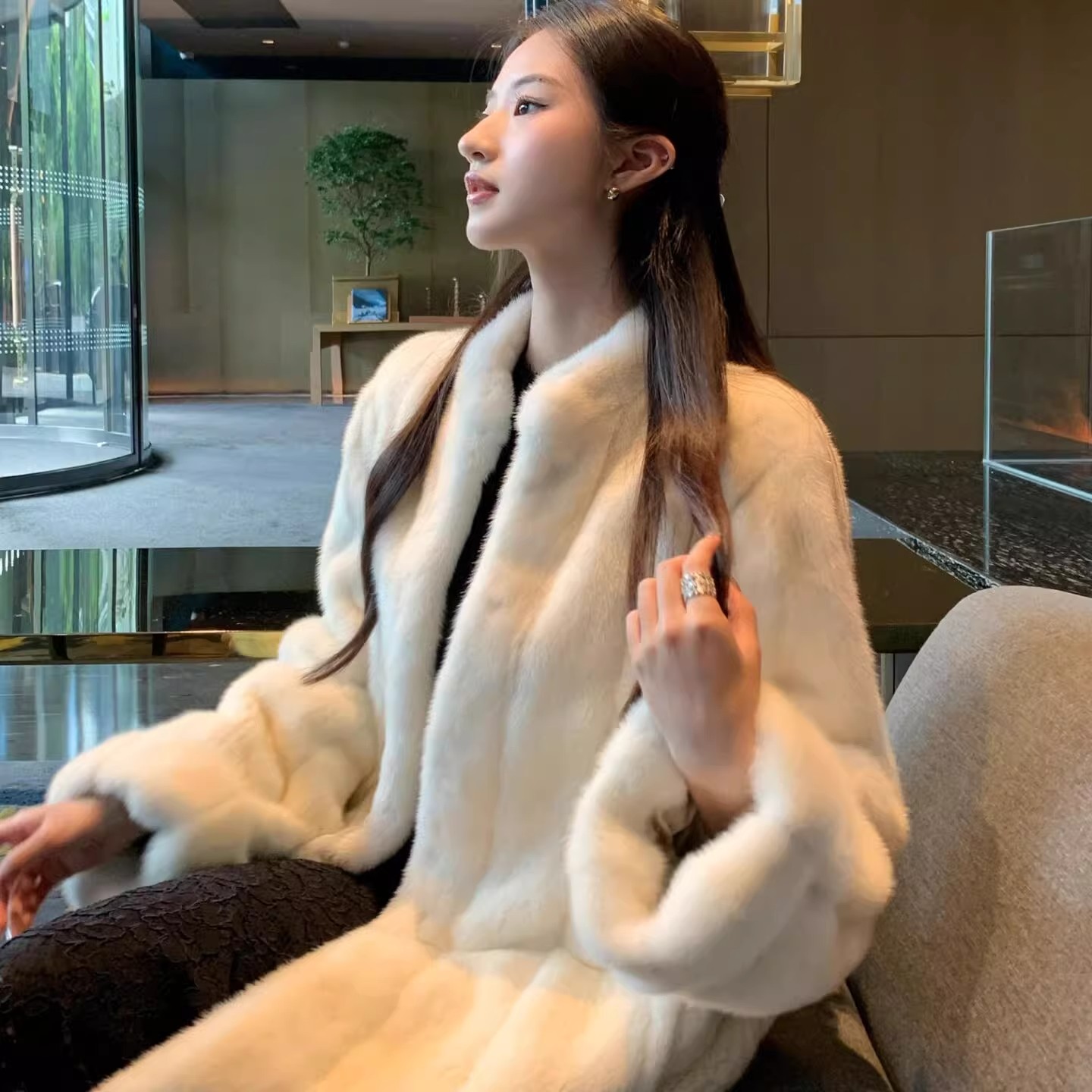 富家千金仿水貂毛竖纹皮草毛外套