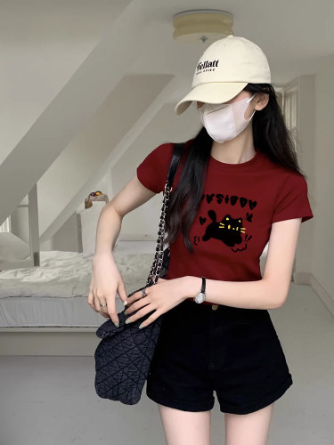 短款修身纯棉短袖女生夏季酒红色