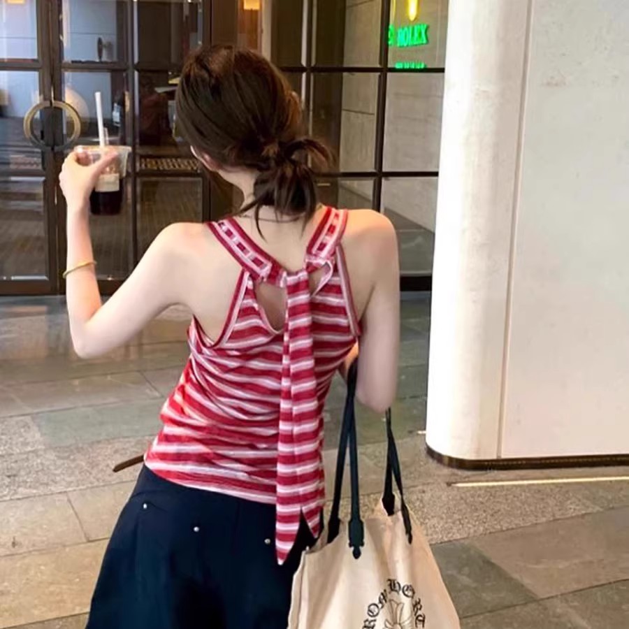 撞色条纹挂脖吊带背心短款修身