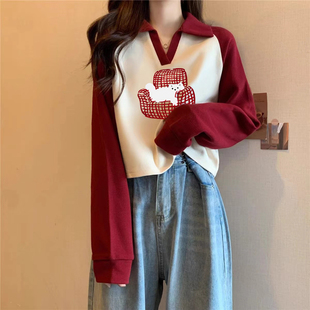 韩版宽松短款POLO翻领卫衣女秋冬时尚洋气减龄插肩袖加绒加厚上衣