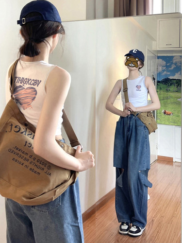 辣妹独特别致印花白色工字背心女
