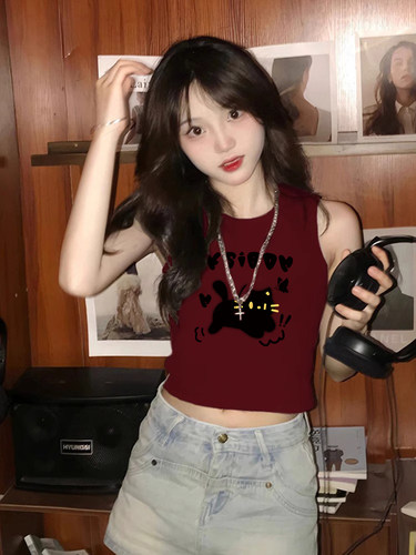 纯棉美式猫咪印花修身无袖背心女
