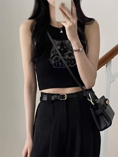 T恤上衣 高街潮酷卡通印花内搭外穿无袖 黑色短款 吊带背心女夏美式