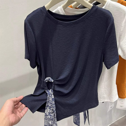 短袖T恤女夏季下摆开叉系带洋气
