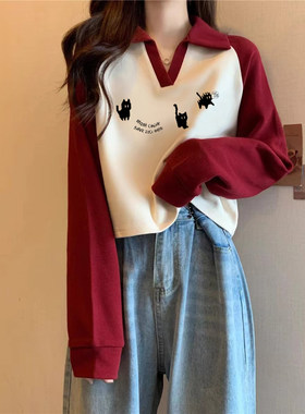 潮流polo领短款撞色卫衣女生秋冬
