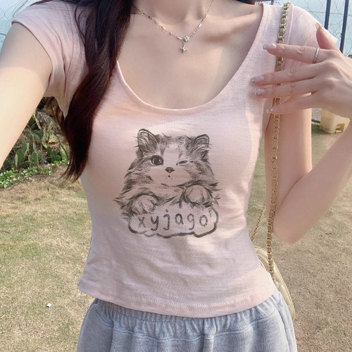韩系可爱小猫印花竹节棉短袖t恤