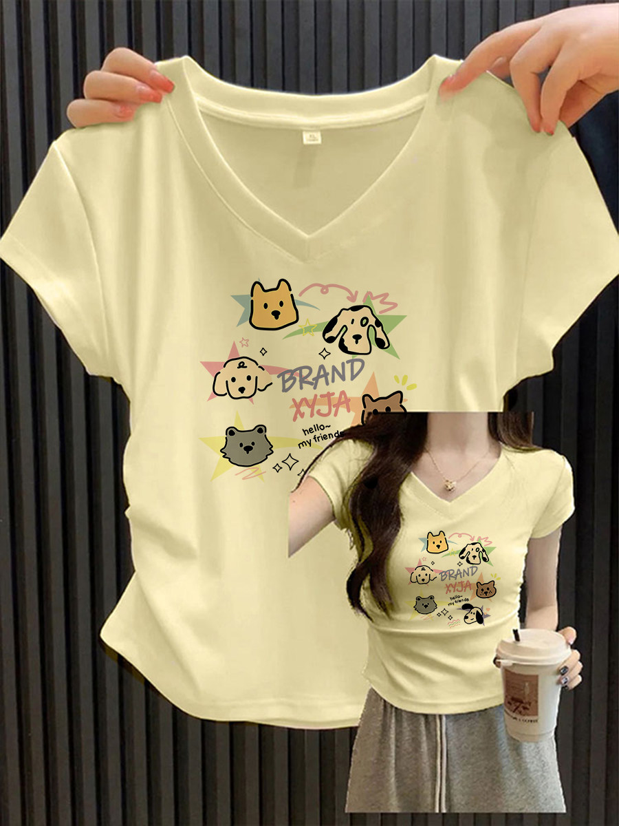 2024夏季新款短袖t恤奶黄色v领纯棉修身正肩抽褶短款小上衣服女生