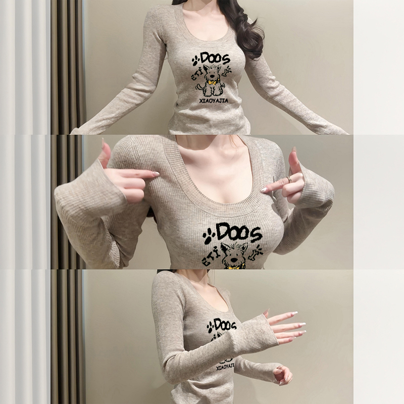 韩系卡通小狗印花u领长袖针织衫