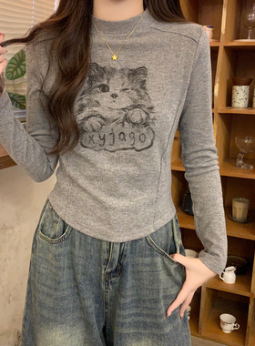 灰色卡通小猫印花半高领长袖打底衫女秋季弧形下摆修身磨毛打底衫