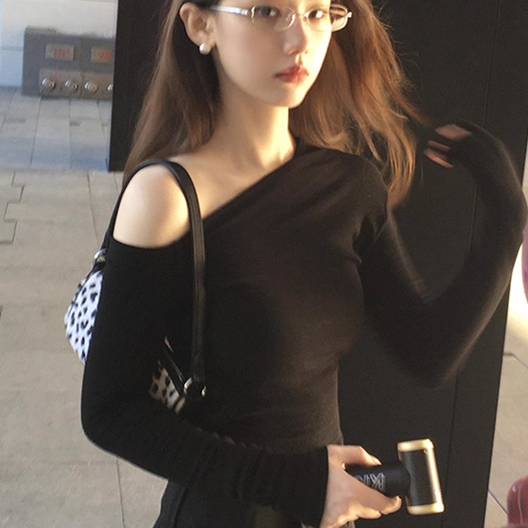 长袖t恤女秋季斜肩黑色韩系修身