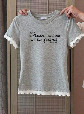 灰色假两件木耳边字母印花短袖T恤女夏季甜辣妹正肩修身短款上衣
