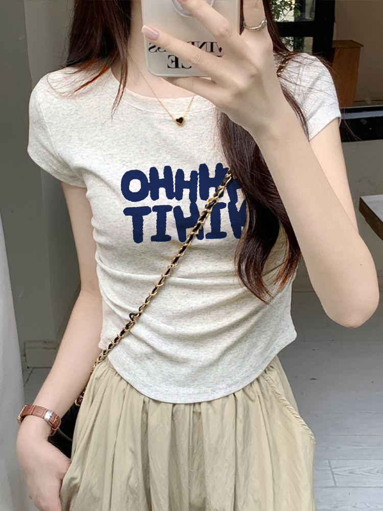 抽褶短款修身纯棉短袖女夏季辣妹