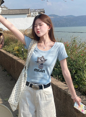 美式辣妹风U领短袖T恤女夏季蓝色猫咪印花修身短款上衣多巴胺穿搭