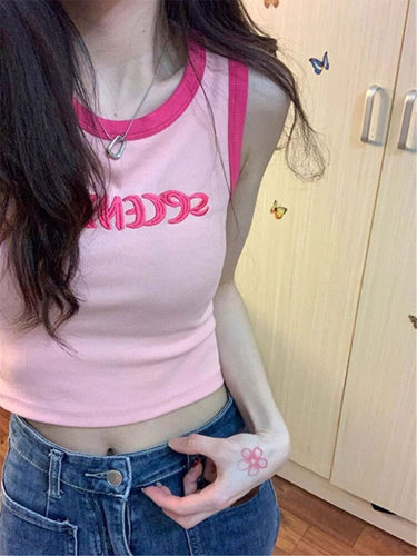 多巴胺字母刺绣粉色背心女夏季