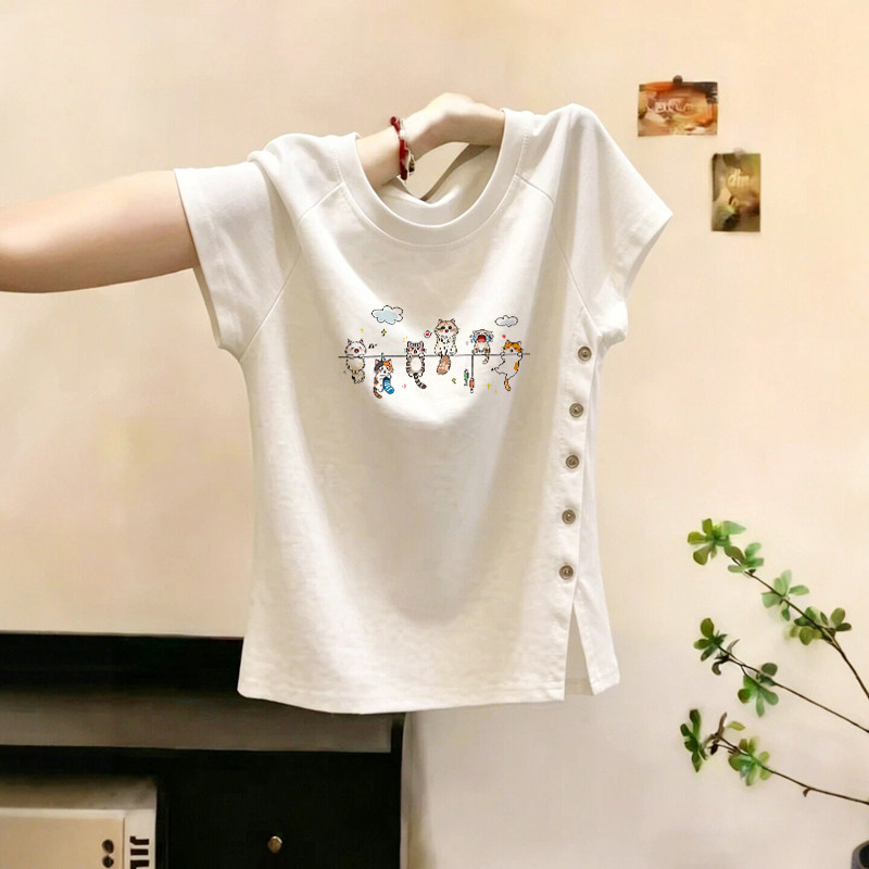温柔风白色正肩圆领短袖T恤女夏季纽扣开叉时尚减龄休闲百搭上衣