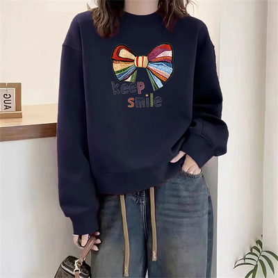 韩系蝴蝶结印花圆领短款卫衣女