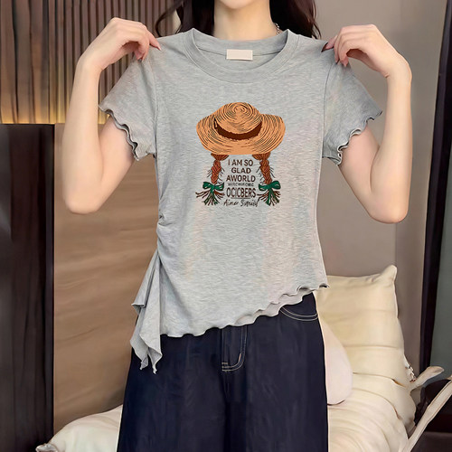 韩版卡通印花木耳边短袖T恤女夏