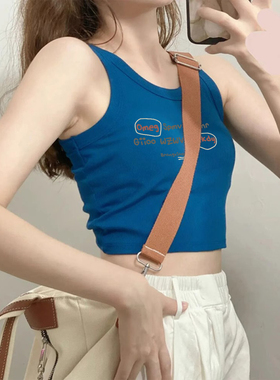 宝蓝色纯棉短款小上衣女夏季美式潮流辣妹修身吊带背心t恤ins外穿