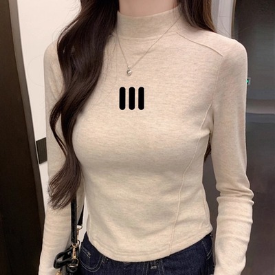 不规则弧形下摆中领长袖打底衫女