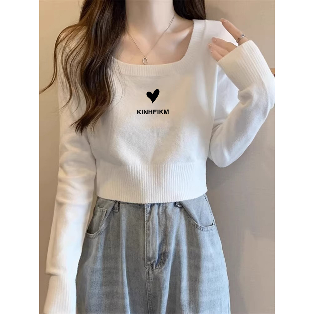 2025秋冬新款小上衣服超火白色小爱心印花方领针织内搭打底衫女生