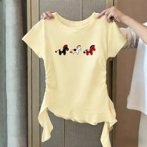 荷叶边拼接下摆修身短袖T恤女