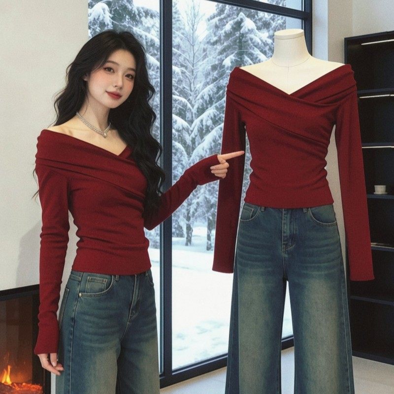 设计感交叉v领针织衫女春季修身显瘦内搭打底衫红色长袖气质上衣,女装/女士精品,毛针织衫,淘宝优惠券,粉丝福利购,淘宝优惠卷