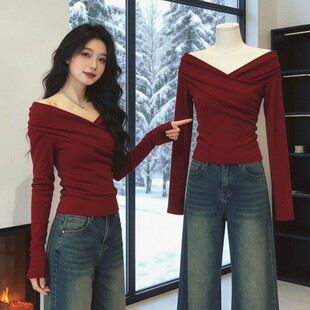 设计感交叉v领针织衫女春季修身显瘦内搭打底衫红色长袖气质上衣
