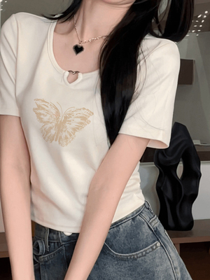 正肩小众别致蝴蝶印花爱心短袖女