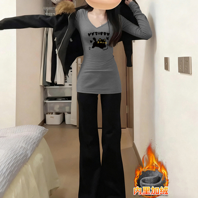 灰色秋冬加绒V领包臀中长打底T恤