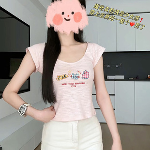 多巴胺独特漂亮修身 韩系可爱卡通印花竹节棉t恤女生夏季 掐腰上衣