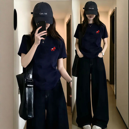 藏青色卡通小马印花短袖t恤女