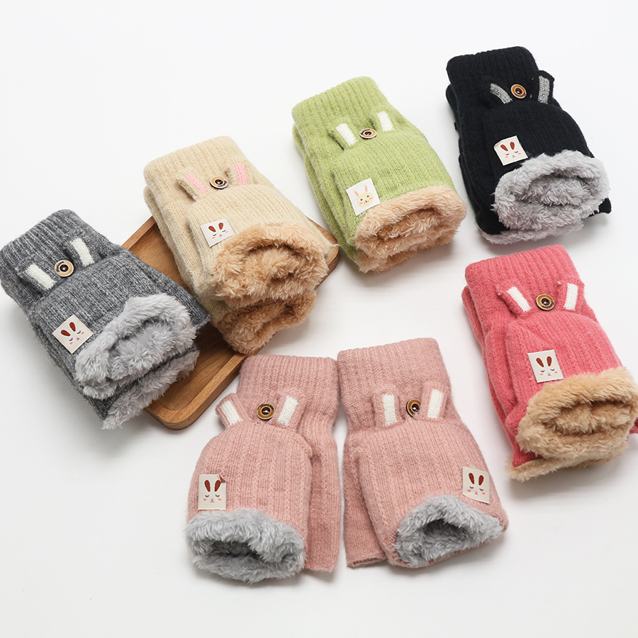 翻盖冬季手套冬天女半指可爱韩版卡通学生写字键盘加绒厚保暖露指