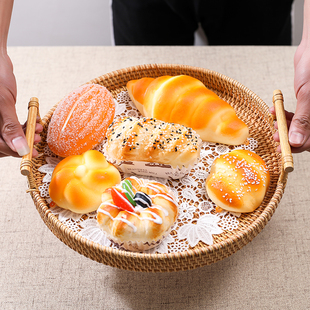 藤编托盘零食点心水果篮圆形收纳筐带提手客厅面包馒头竹编果盘