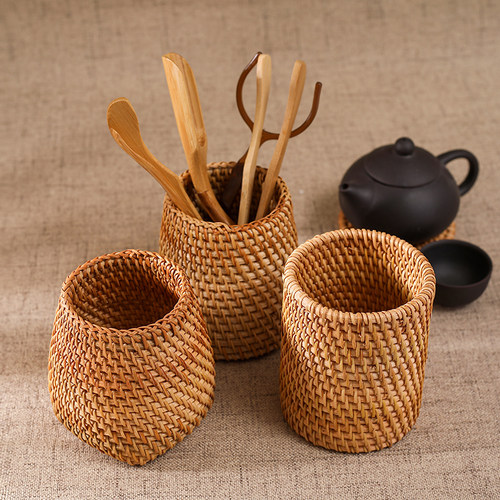 越南藤编笔筒茶筒茶几茶具收纳桶