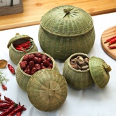 竹编制品鸡蛋篮零食篮家用收纳筐带盖子茶叶罐水果南瓜篮创意竹筐