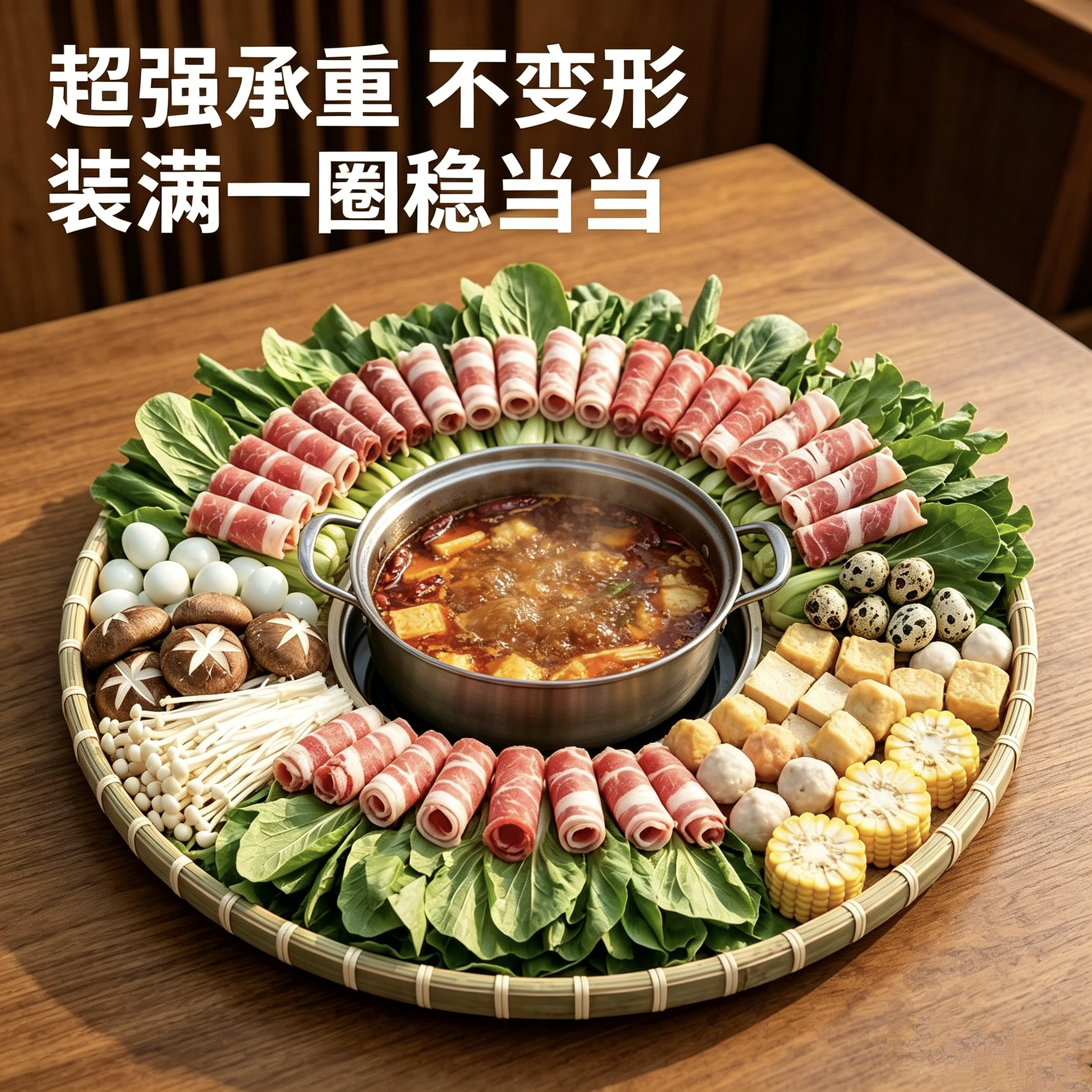 火锅专用竹编簸箕晏摆盘大号圆形空心托盘农家乐饭店配菜拼盘菜盘