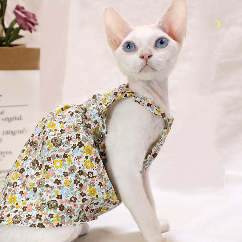 斯芬克斯德文无毛猫衣服夏季咖黄碎花连衣裙小清新纯棉衣服防过敏