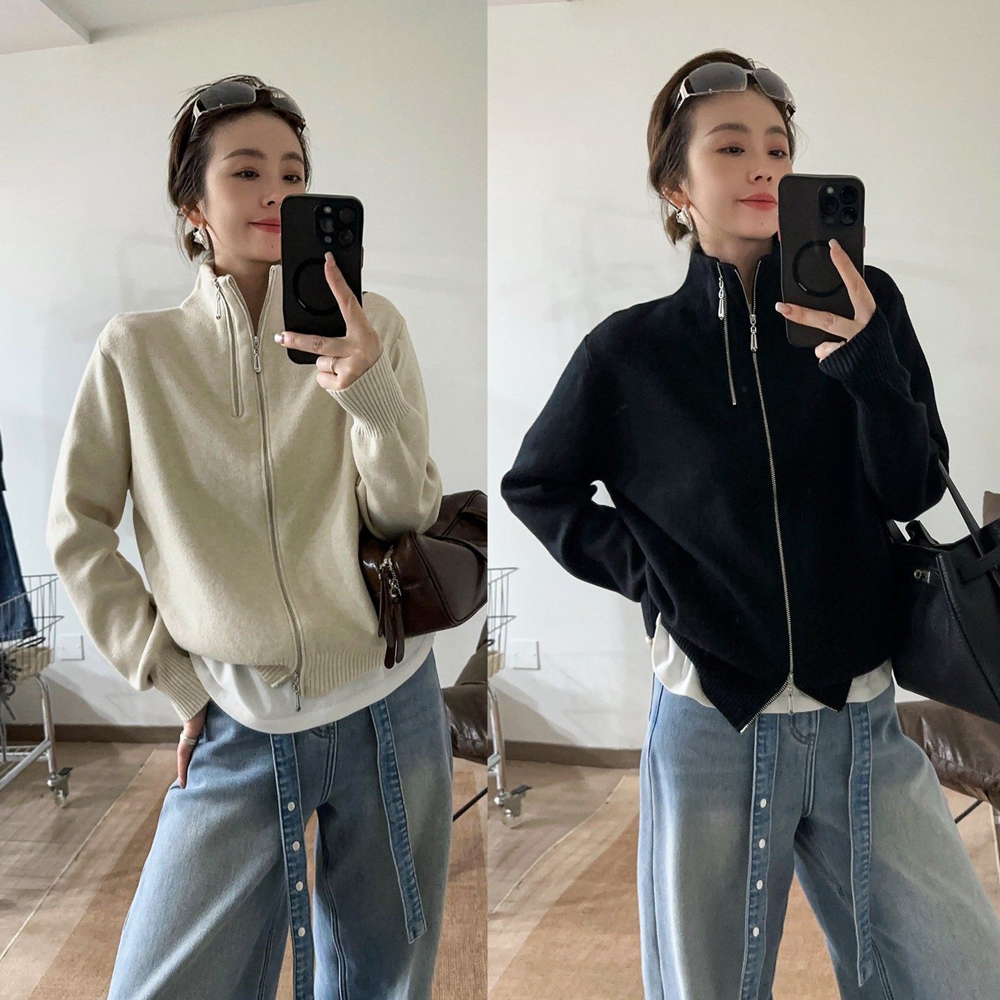 双拉链立领羊毛针织开衫女欧洲站2025冬装新款欧货女装时尚毛衣潮,女装/女士精品,毛针织衫,淘宝优惠券,粉丝福利购,淘宝优惠卷