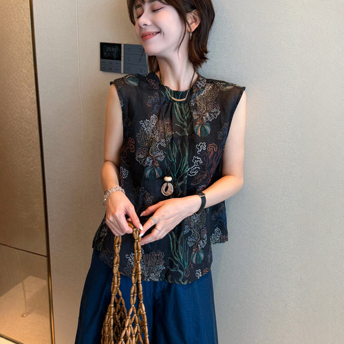 复古刺绣印花麻料衬衫女欧货上衣