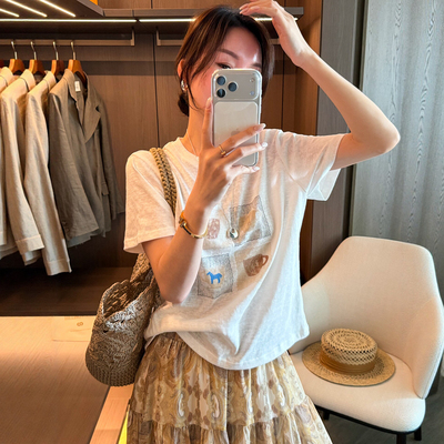小马印花图案短袖T恤女欧货打底