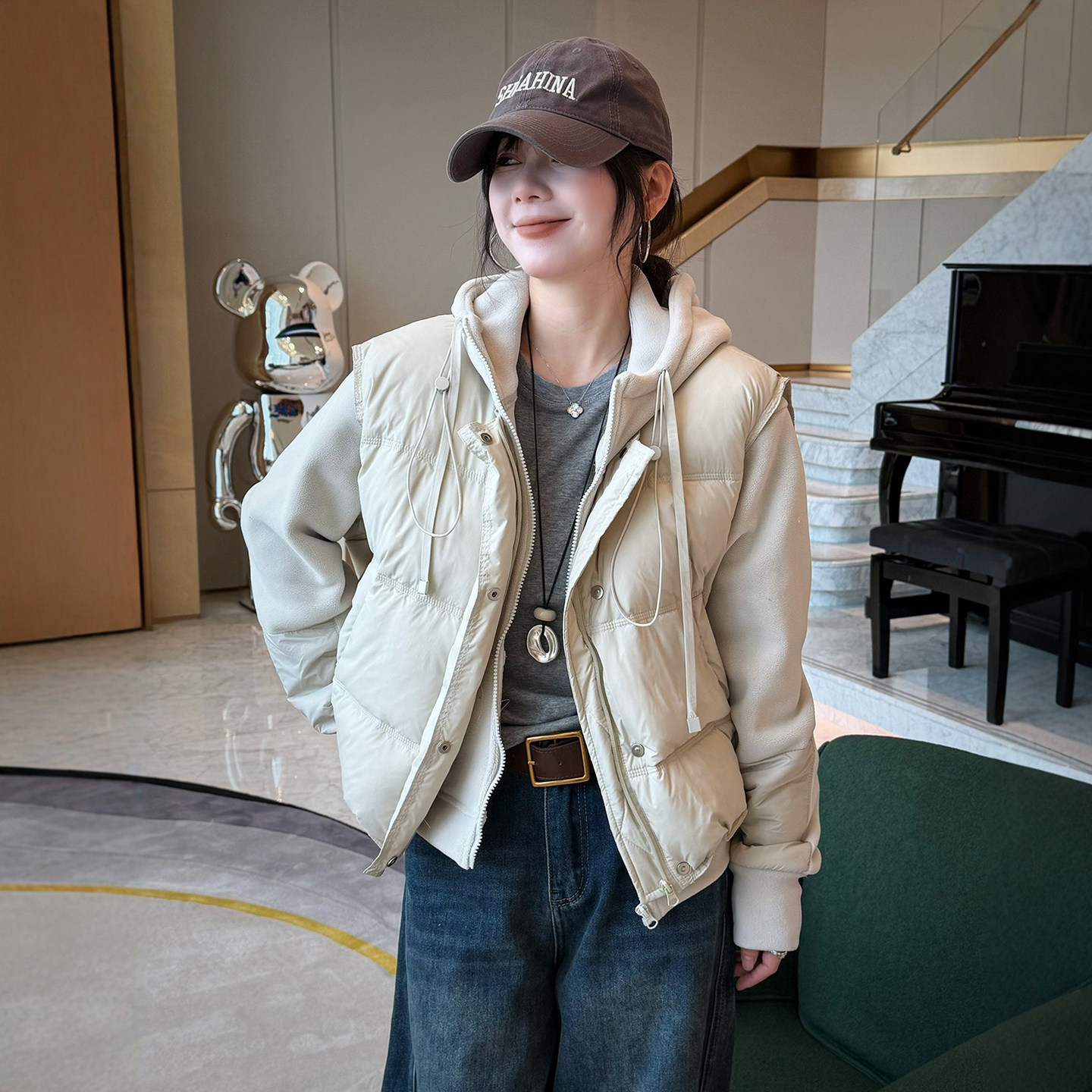 90白鸭绒羽绒服马甲卫衣两件套装女欧洲站2025冬装新款欧货女装潮