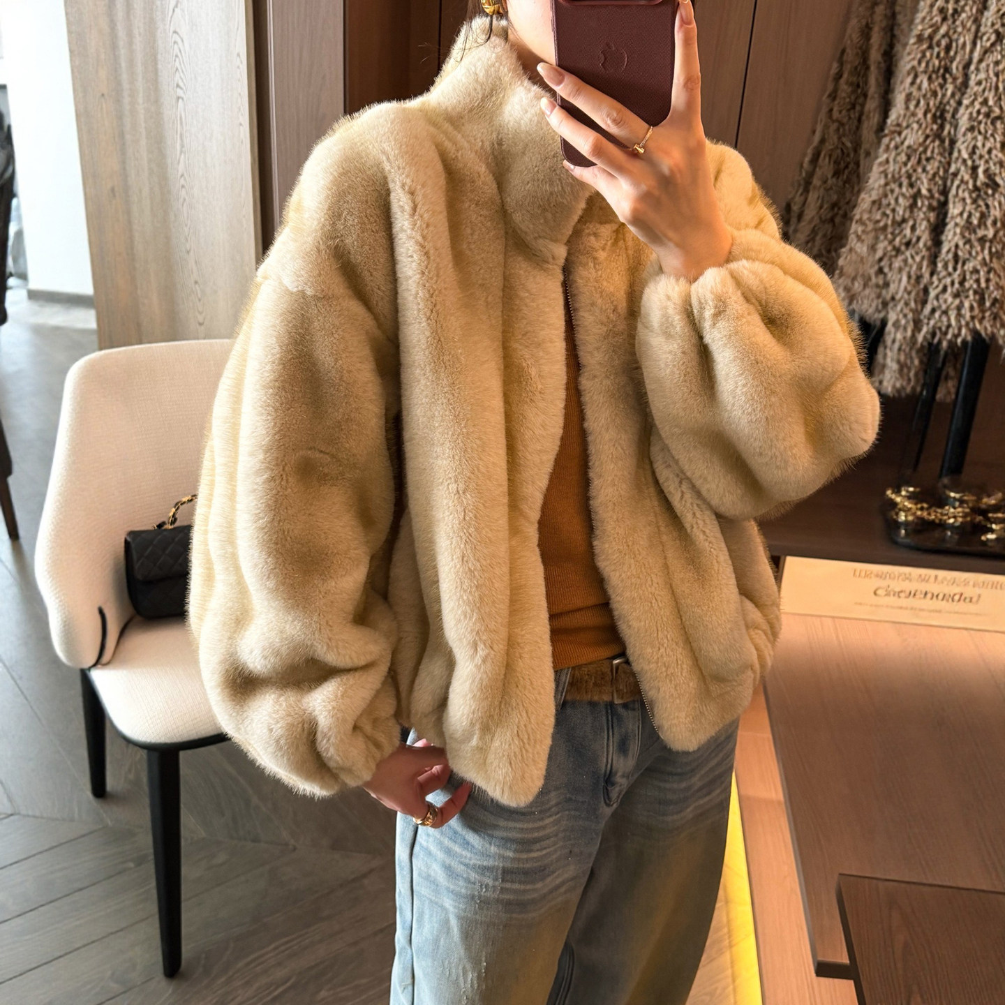 立领环保水貂毛皮毛一体外套女欧洲站2025冬装新款欧货女装上衣潮