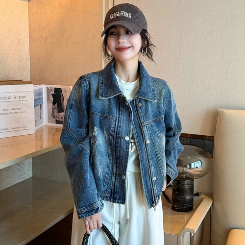 复古做旧翻领牛仔外套女欧货外套