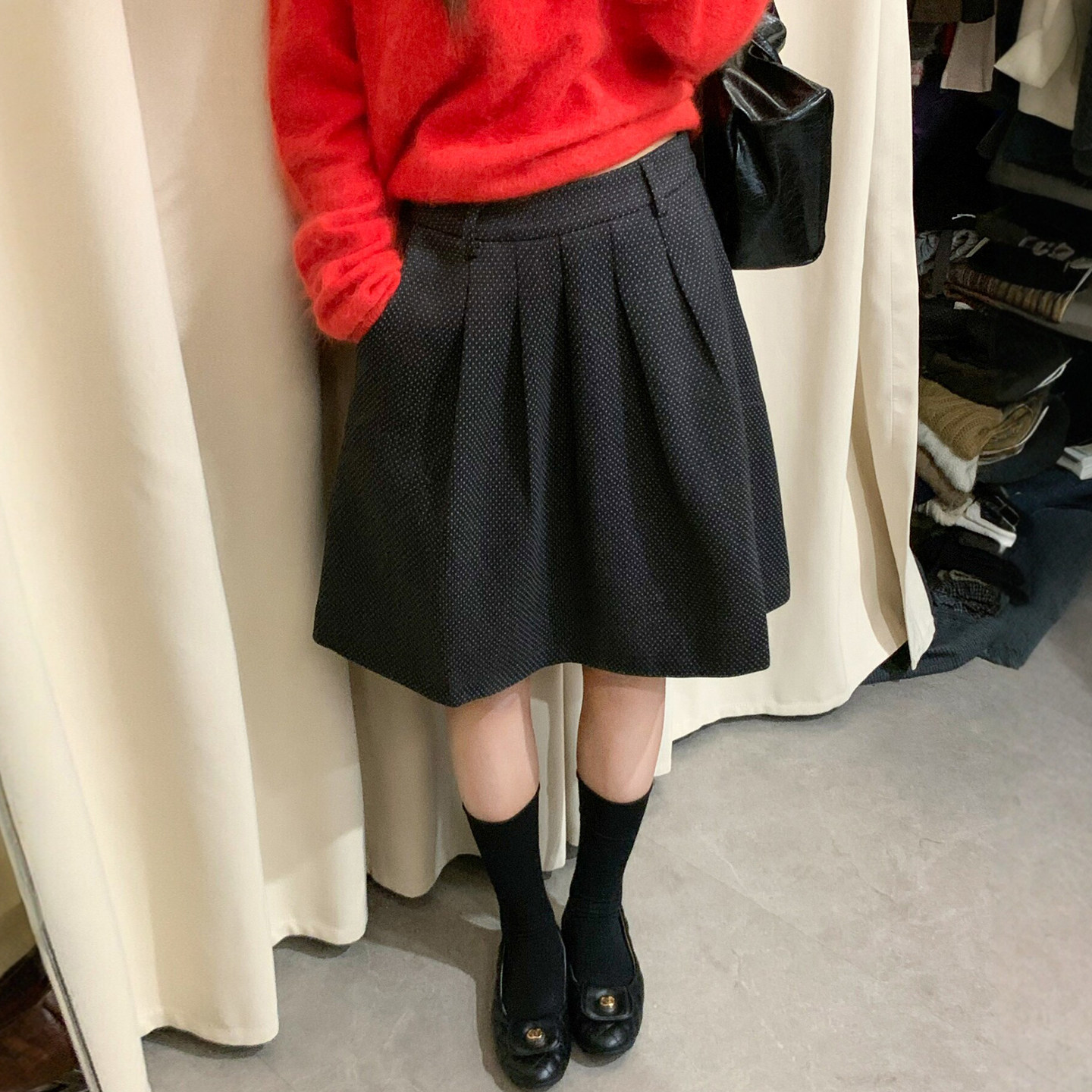 撞色波点A字百褶半身裙女欧洲站