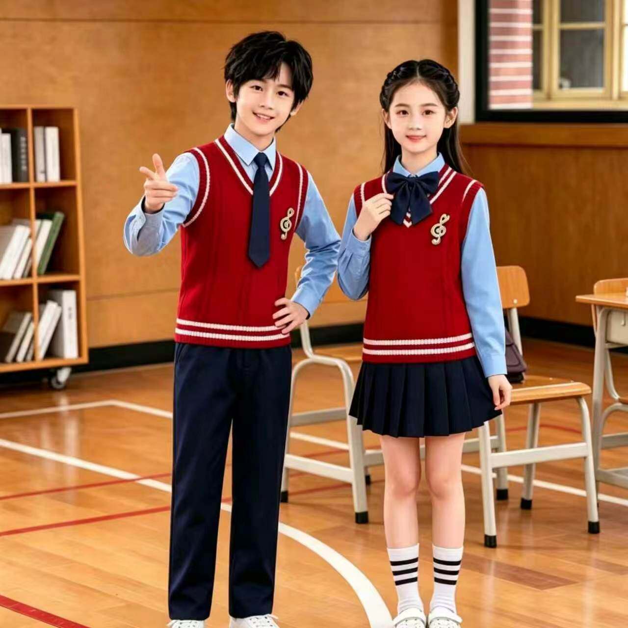 儿童红色针织马甲学院风班服套装小学生合唱朗诵演出服幼儿园园服