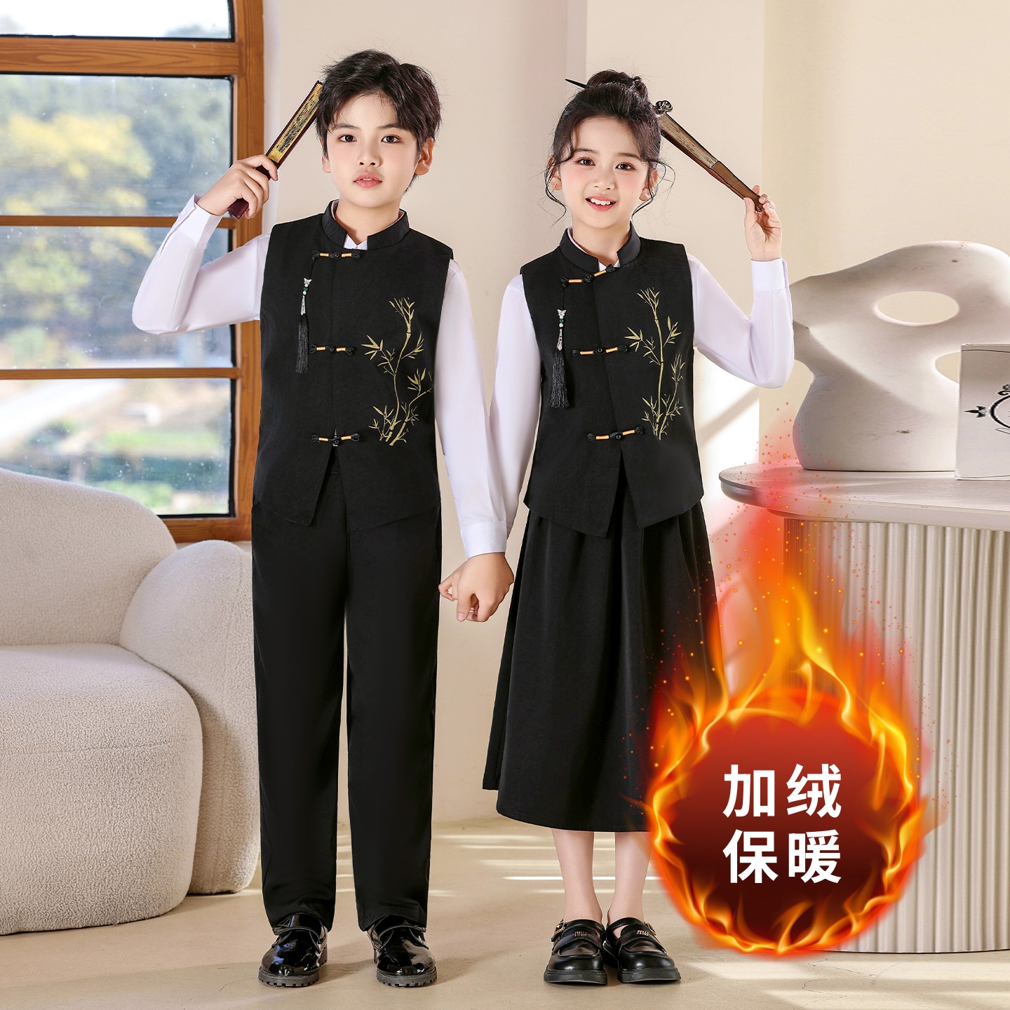 中国风儿童演出服中小学生合唱服男女诗歌朗诵表演服冬季加绒套装