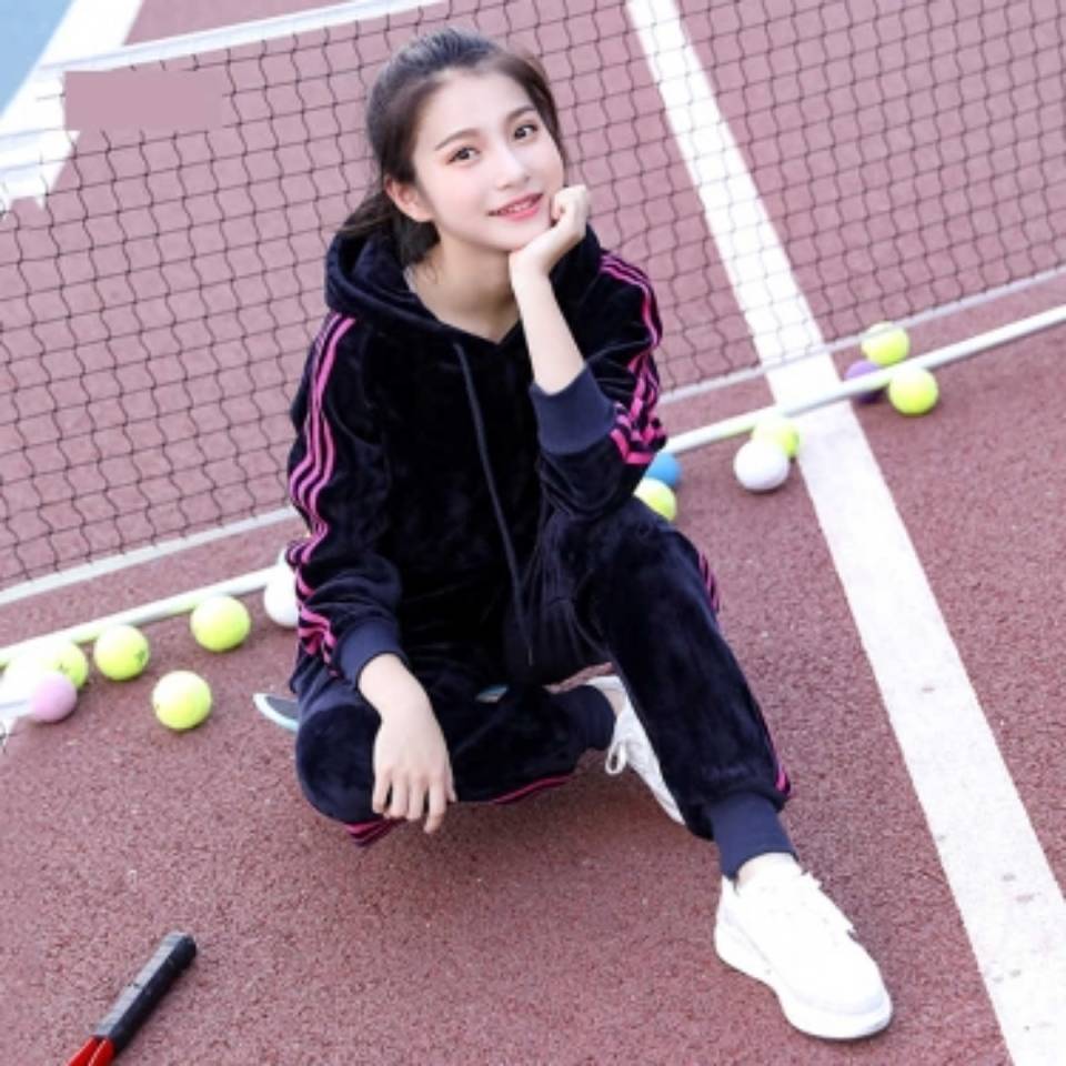 金丝绒学生运动套装女2024新款冬季连帽卫衣套装加绒两件套套装女