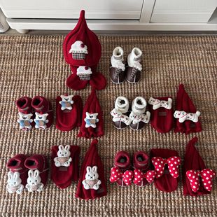 送人卡通过年百天新生婴儿男女帽子围巾手套宝宝鞋 礼盒三件套 套装