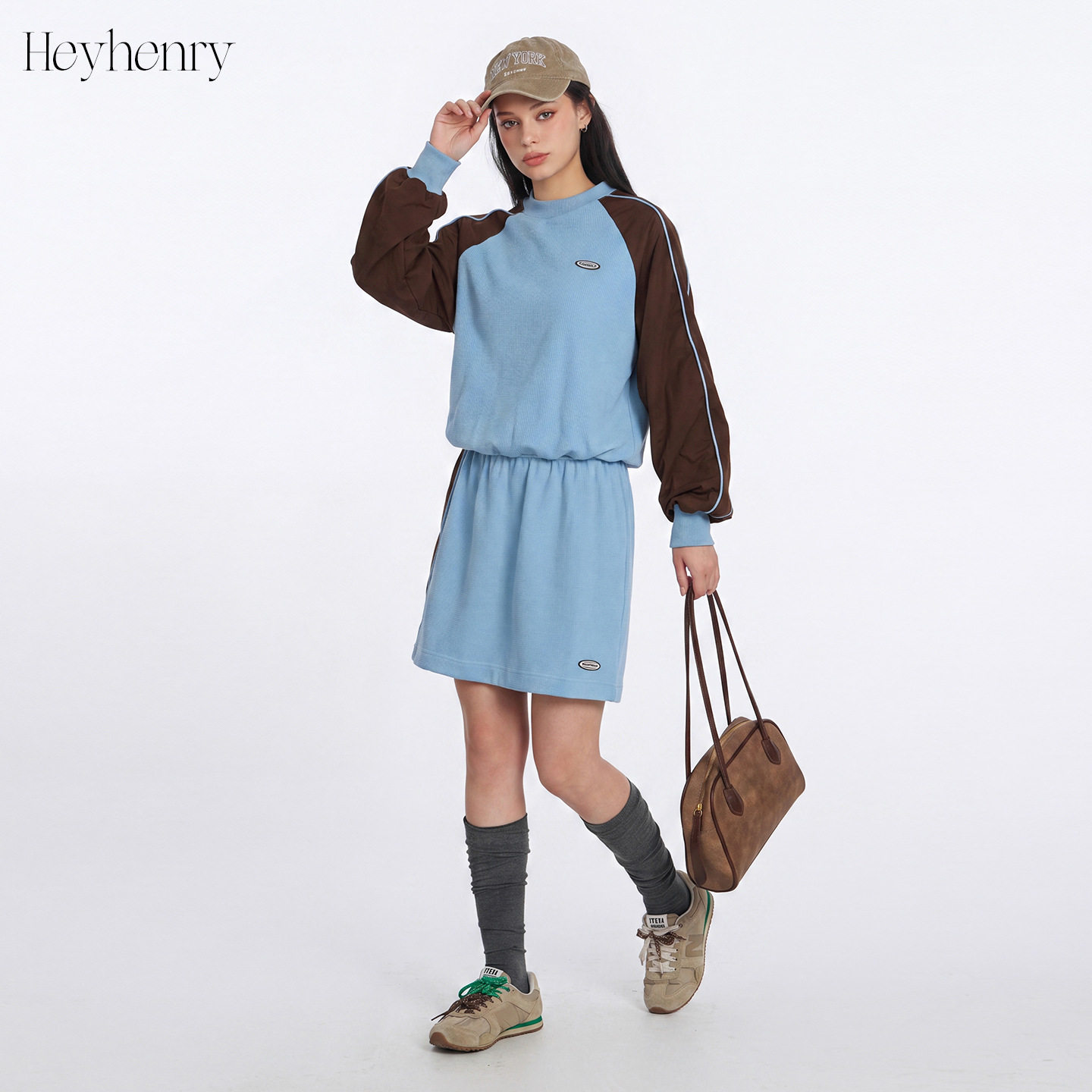 潮牌潮流HeyHenry美式拼接撞色卫衣女套装运动休闲长袖上衣短裙