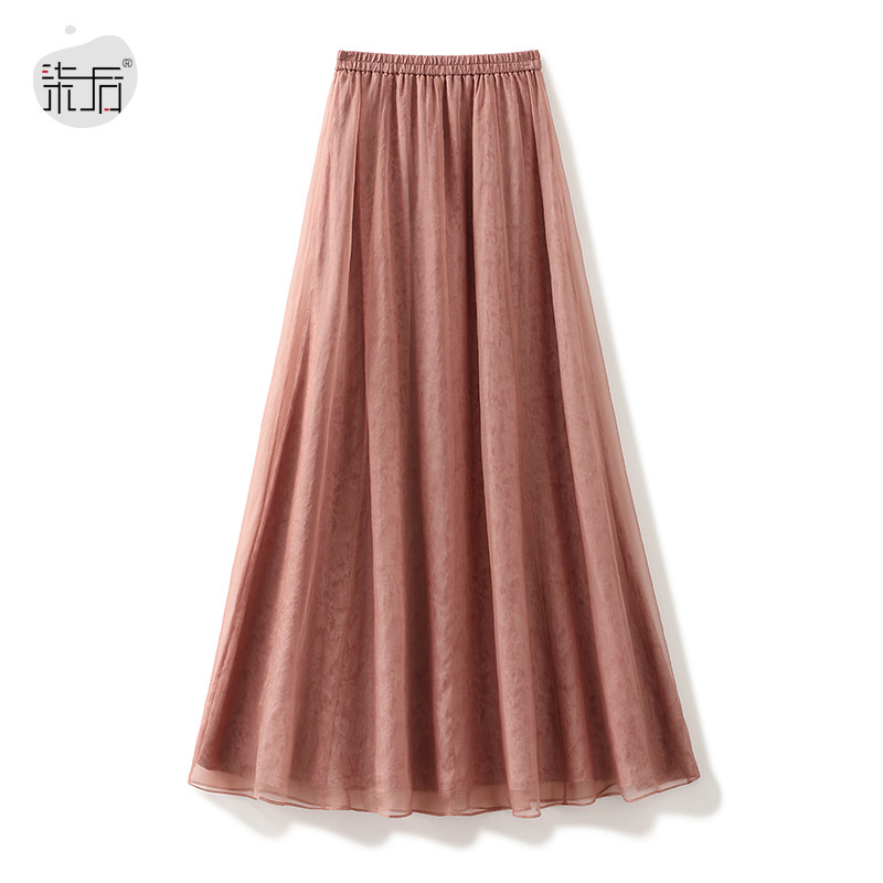 真丝欧根纱叠加人丝提花朦胧高级松紧腰飘逸大摆长裙显瘦遮肉半裙